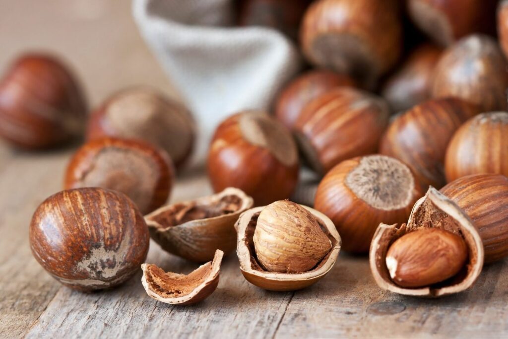 Shelled hazelnuts sit on a table