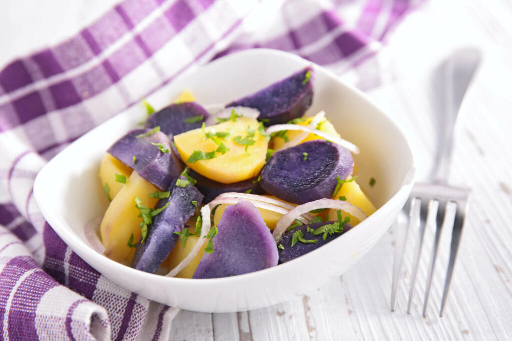 mixted dish of yellow and purple potato types