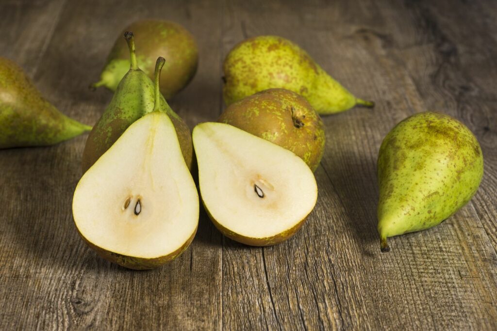 Cut open ripe conference pear fruit