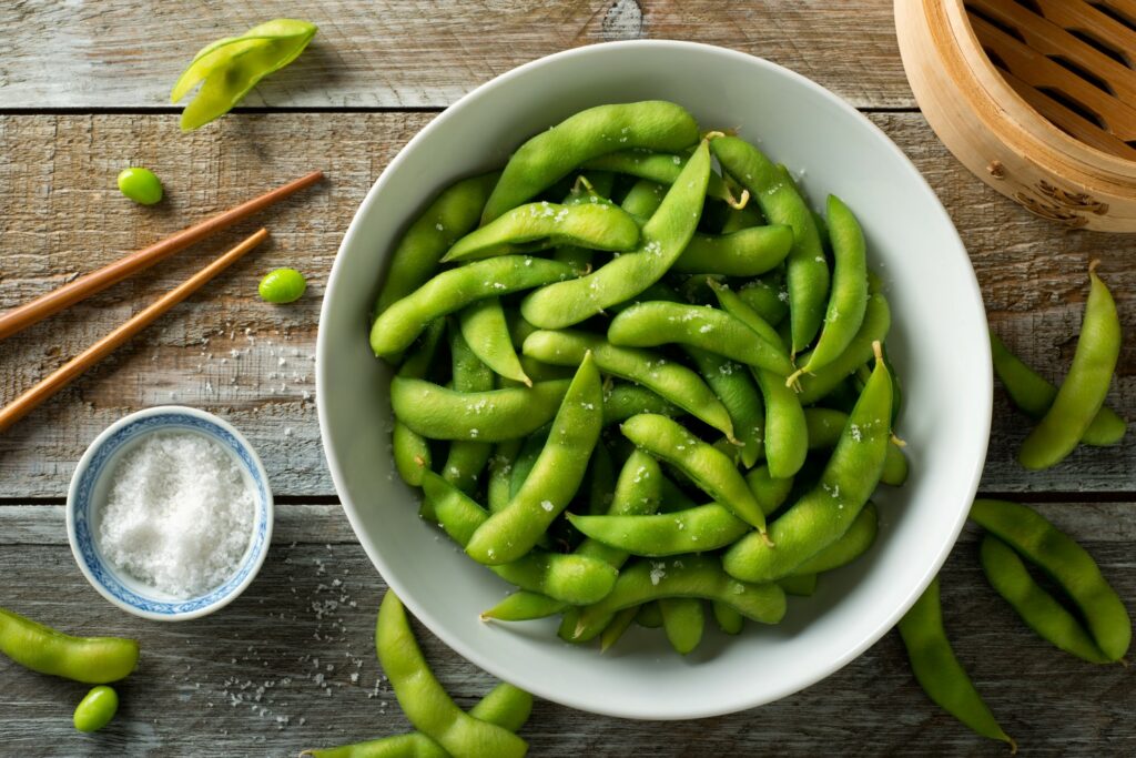 Salted edamame beans cooked in their pods
