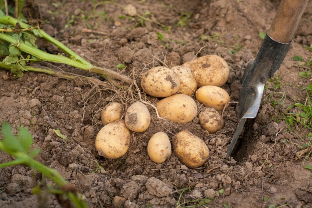 Potatoes being dug up with a spade
