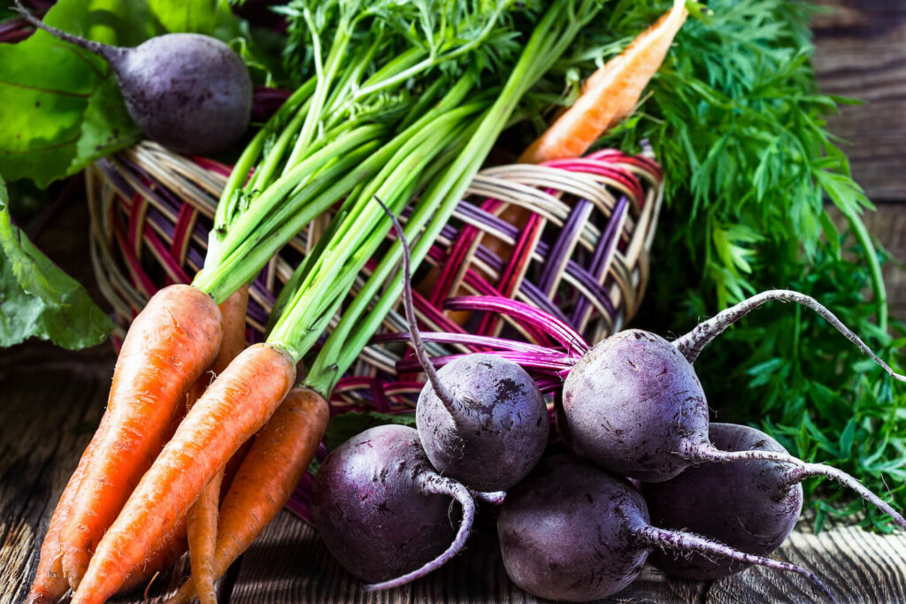 Carrots and beetroots in basket