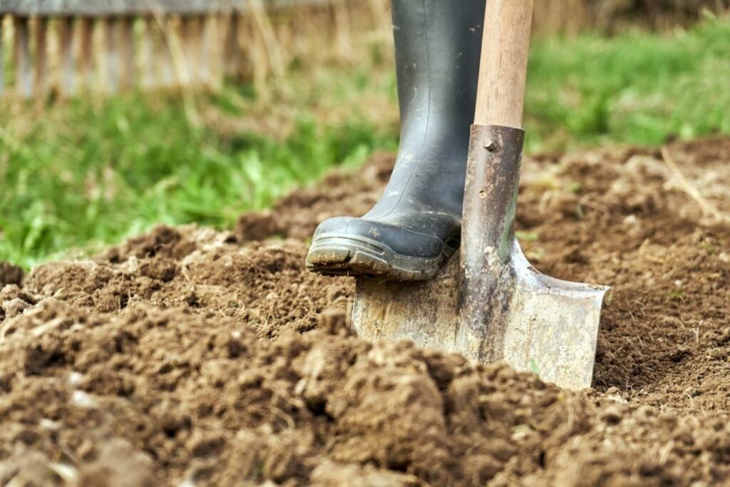 A shovel digging up earth