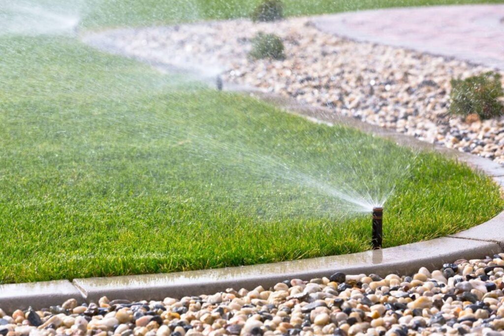 Sprinkler system watering a lawn