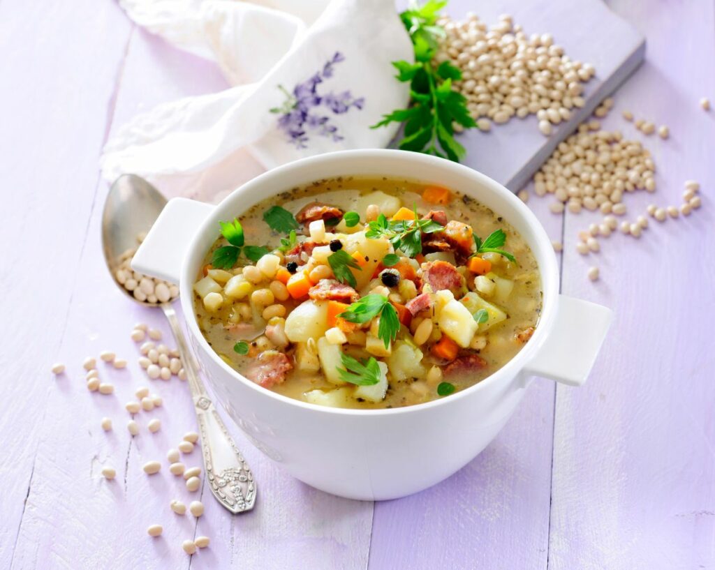 Soup with savory used as garnish