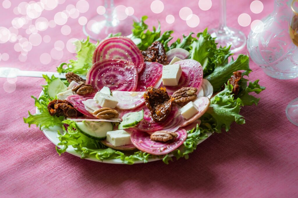 Chioggia beetroot sliced in a salad