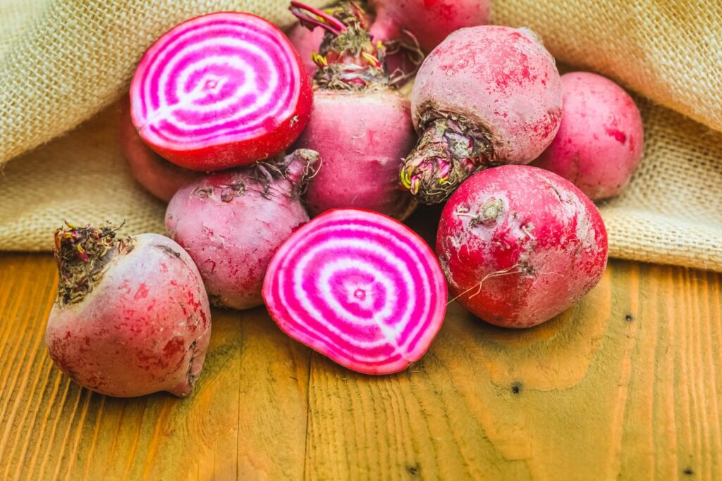 The white and red rings inside the chioggia beetroot