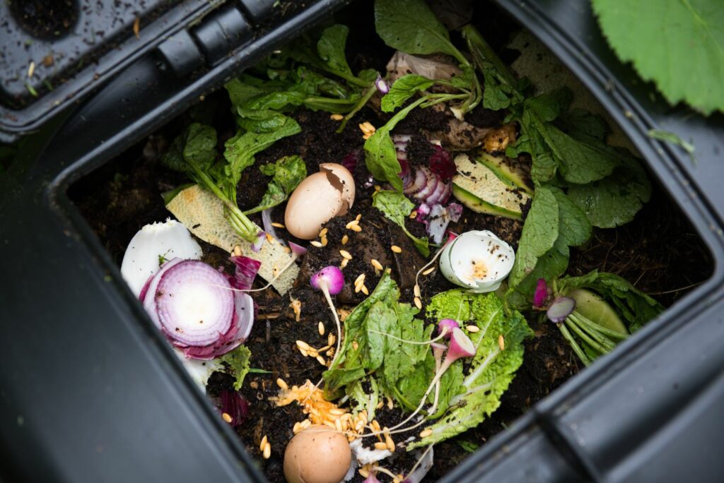 Close-up of kitchen waste in compost bin
