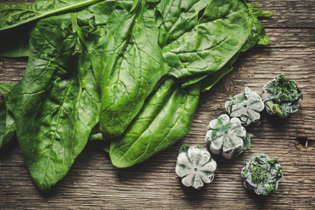 spinach leaves frozen into blocks