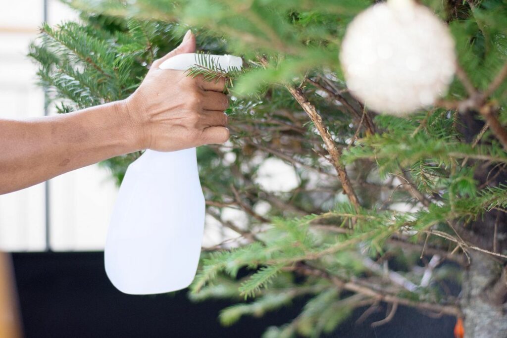 a white bottle spraying water on pines