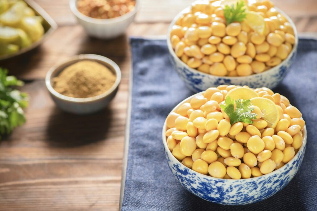 bowls of garnished lupin beans