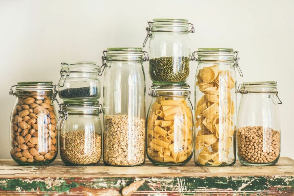 Nuts and grains in glass containers