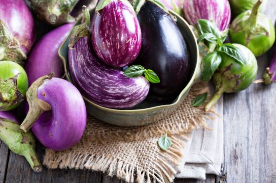 Aubergine varieties: round, purple & white aubergines