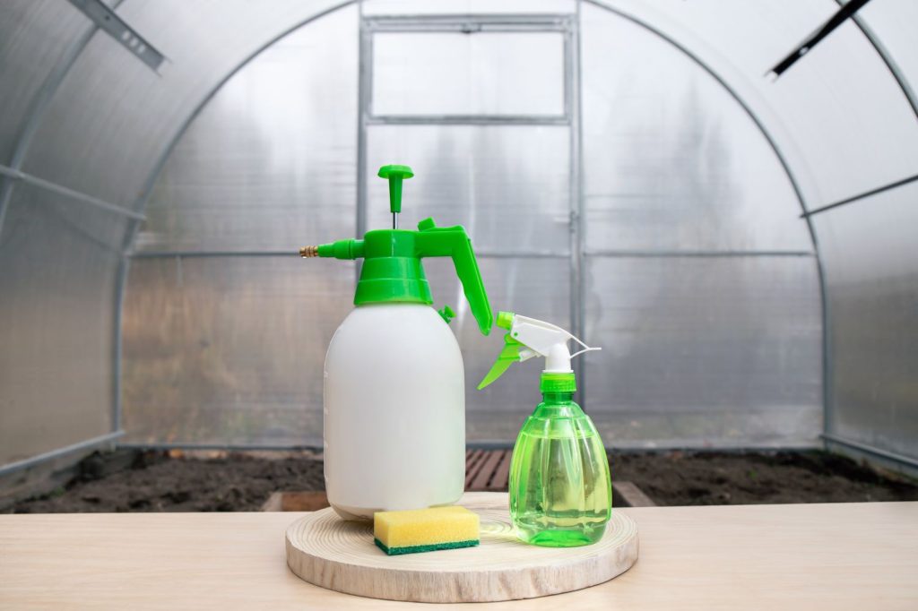 Cleaning products in a greenhouse