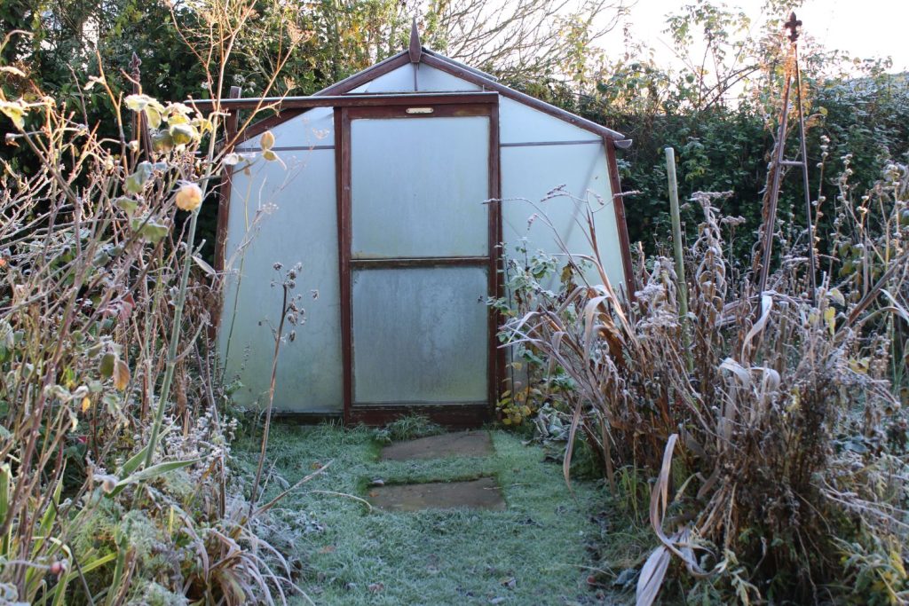 A frost-covered greenhouse